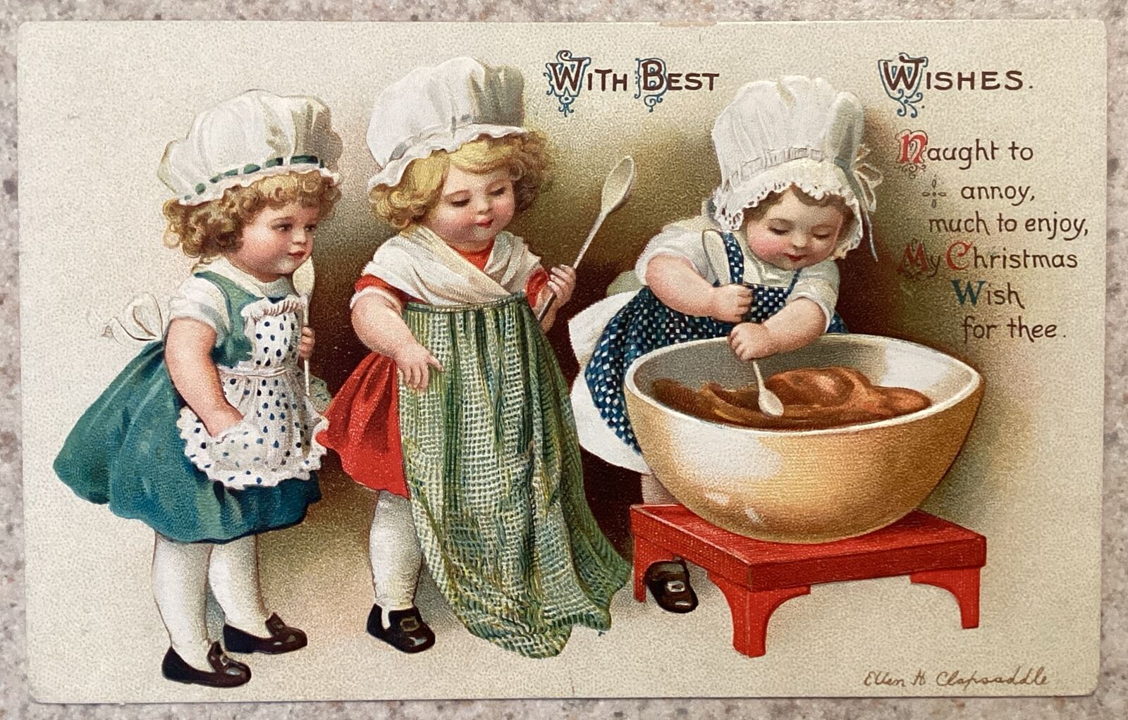 Ellen Clapsaddle Christmas Postcard ~Cute Little Cooks With Best Wishes