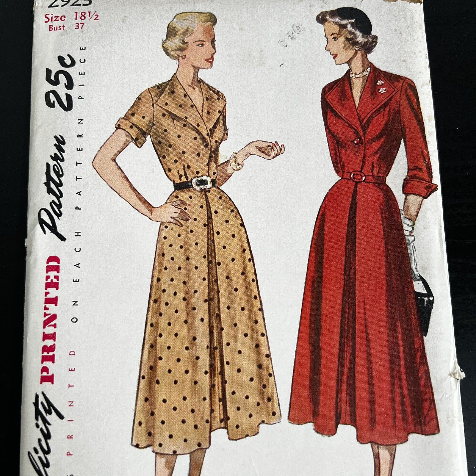 Vintage 1940s Simplicity 2923 Inverted Pleat Dress Sewing Pattern 18.5 M/L CUT