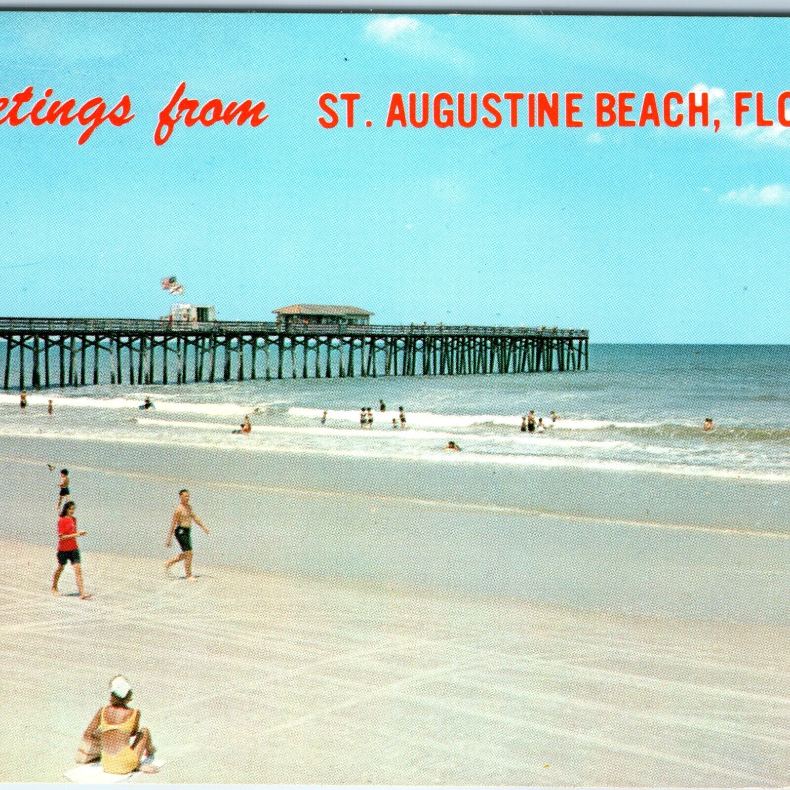 c1960s St. Augustine FL Beach Greetings from PC Fishing Pier Swimming Crowd A266