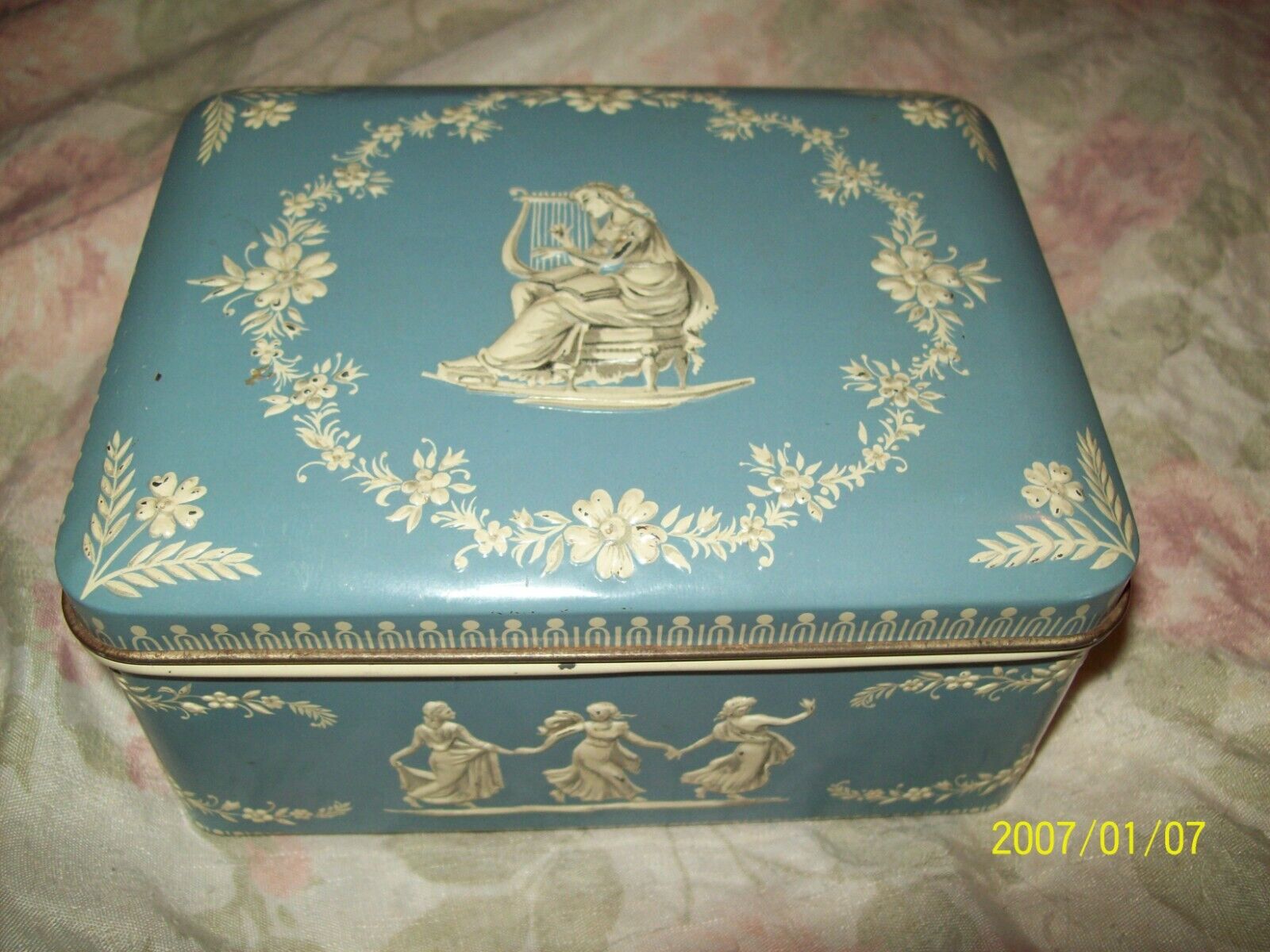 Vintage Tin Made in Holland Hinged Lid Embossed Design Blue and White