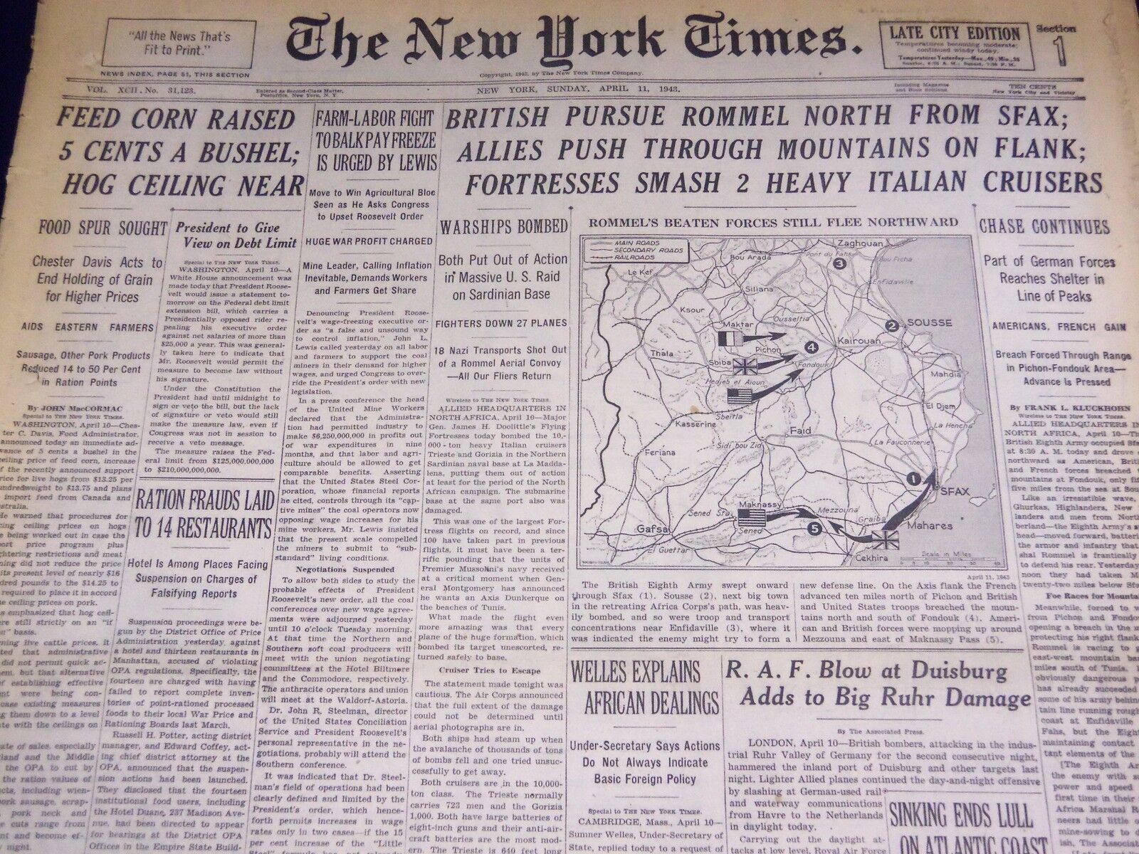 1943 APRIL 11 NEW YORK TIMES - BRITISH PURSUE ROMMEL NORTH FROM SFAX - NT 2143