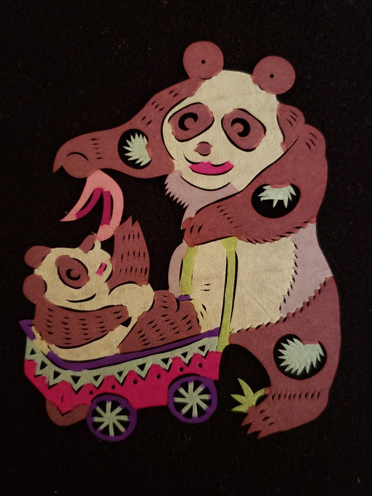 Adorable Panda Bear Mother and Baby Vintage Yuhsien Chinese Folk Art Paper Cut