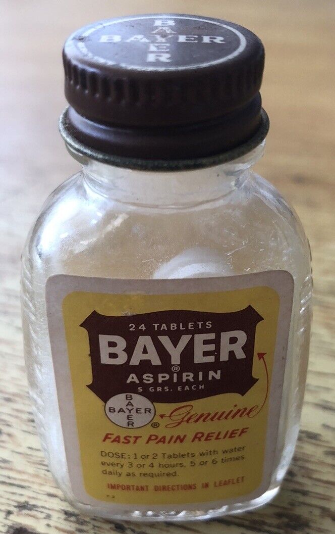 Bayer Aspirin *Mostly Full* Tablets Glass Bottle 1960s-70s Movie Prop Medicine 