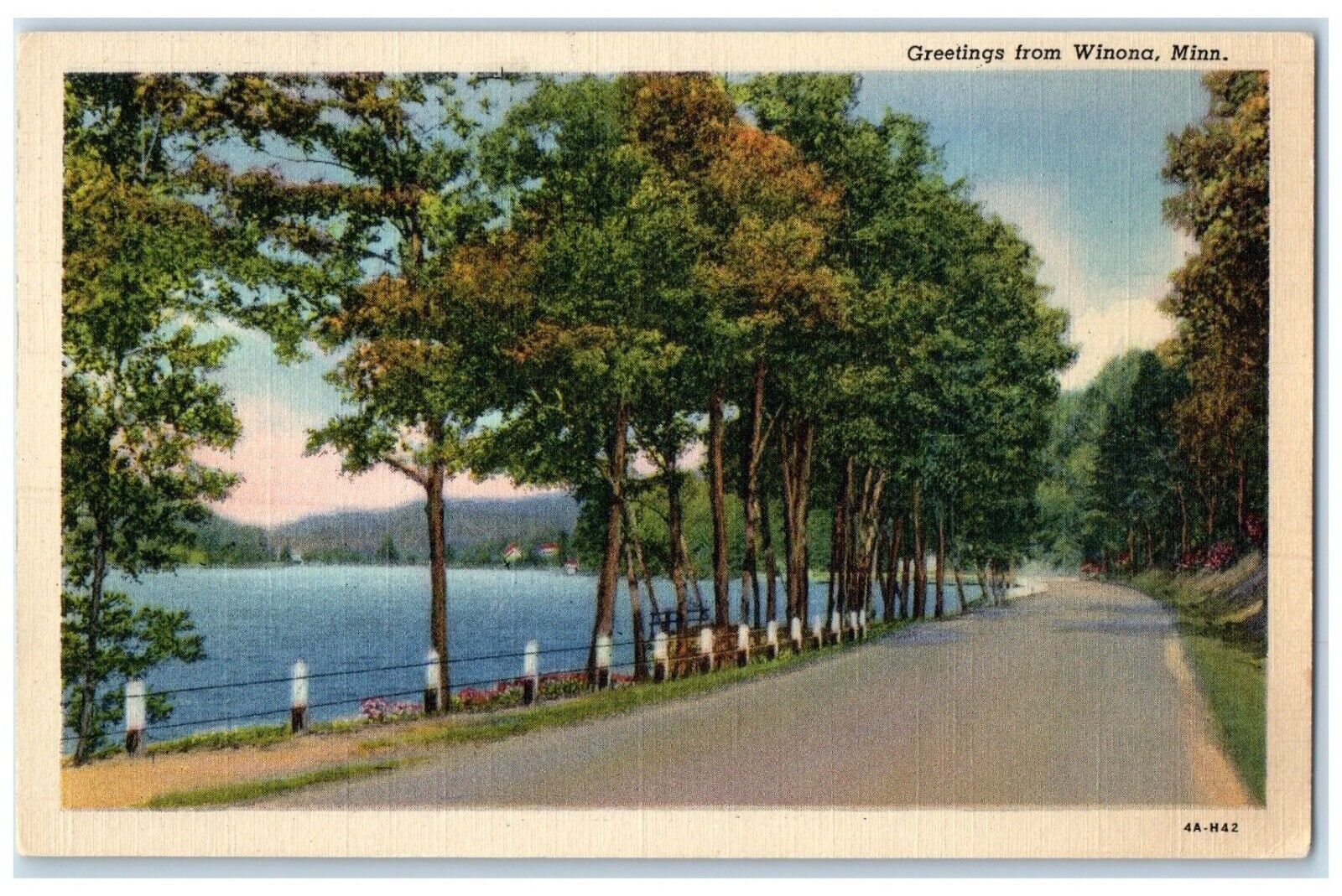 1946 Greetings From River Lake Exterior Trees Winona Minnesota Vintage Postcard