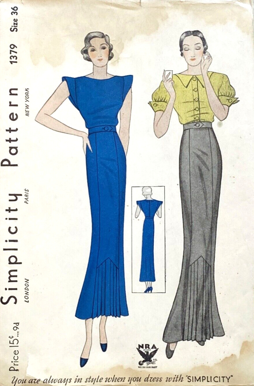 RARE 1930s SIMPLICITY 1379 NRA PATTERN SIZE 18 MISSES DAY & EVENING DRESS *FF