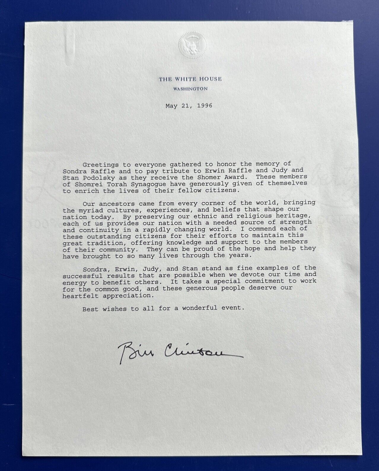 President Bill Clinton Signed Letter 05/21/96 White House Letterhead
