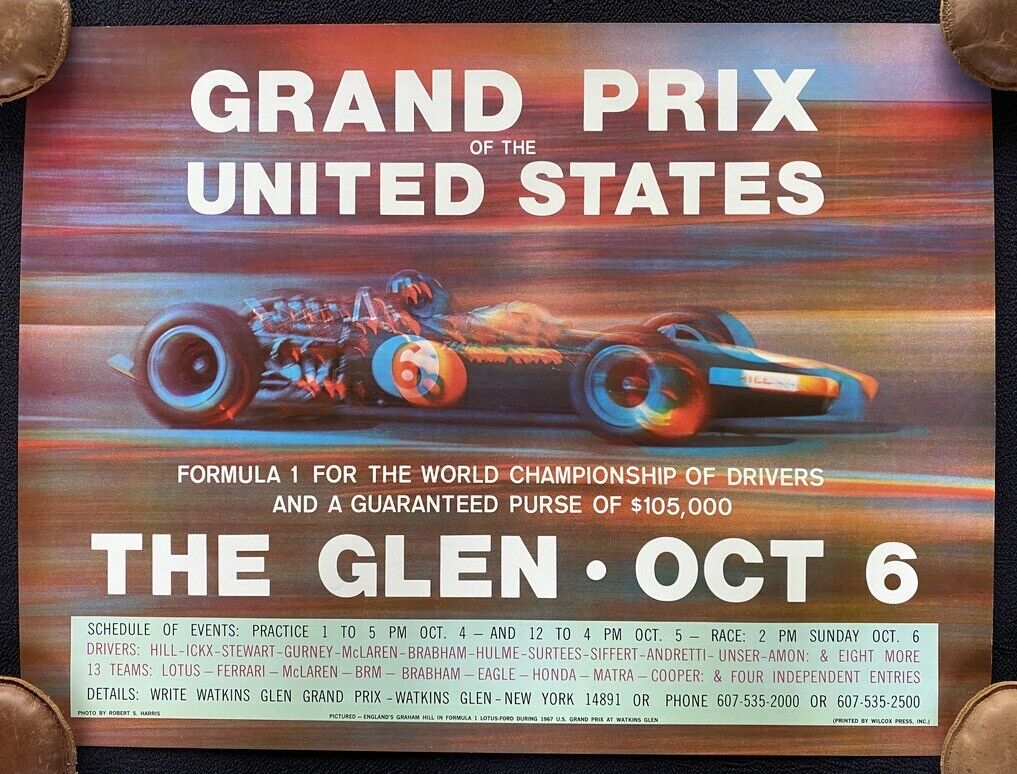 1968 U.S. Grand Prix Formula 1 F1 Watkins Glen Poster Graham Hill Lotus 49 