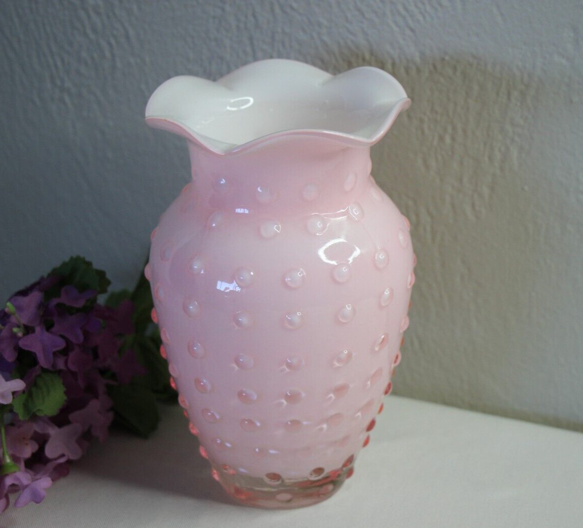 Vintage Fenton Hobnail Pink Cased Glass Flower Vase Ruffled Rim White Interior