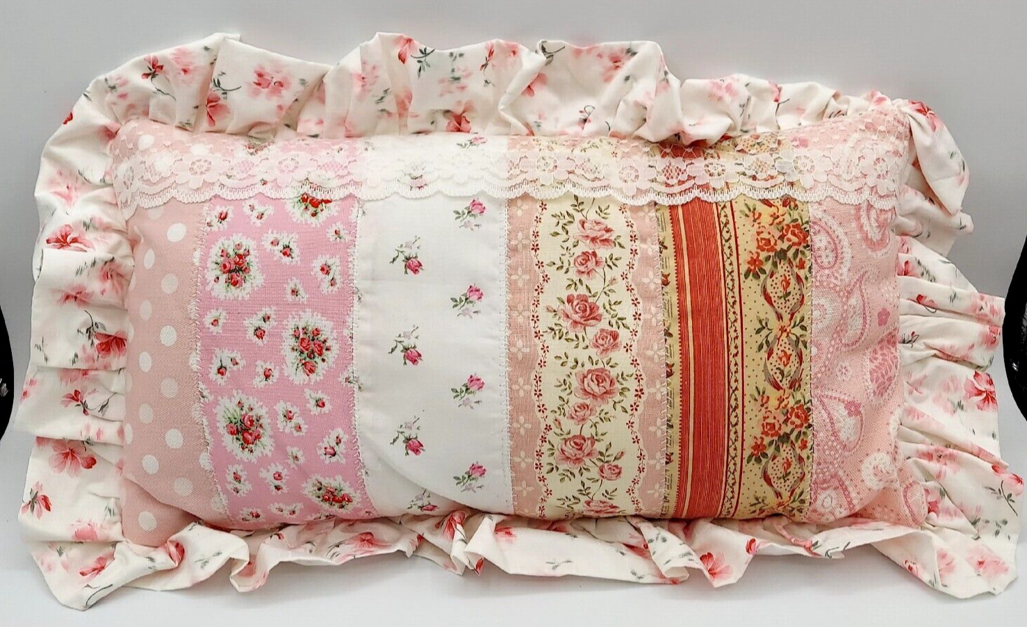 New vtg handmade shabby cottage core chic patchwork ruffled roses throw pillow