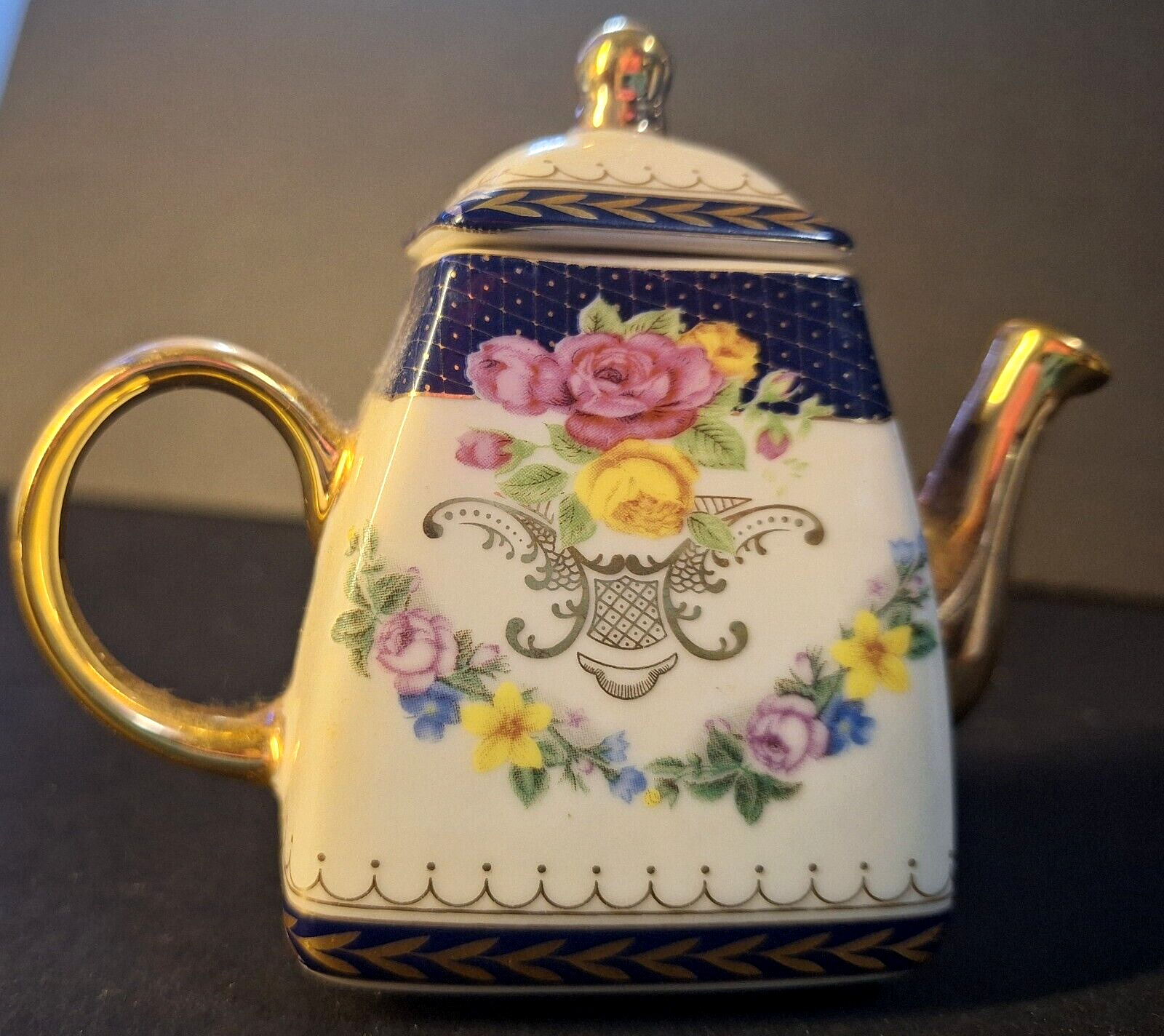 Imperial Porcelain Miniature Teapot VTG Yellow Pink Roses Gold Trim