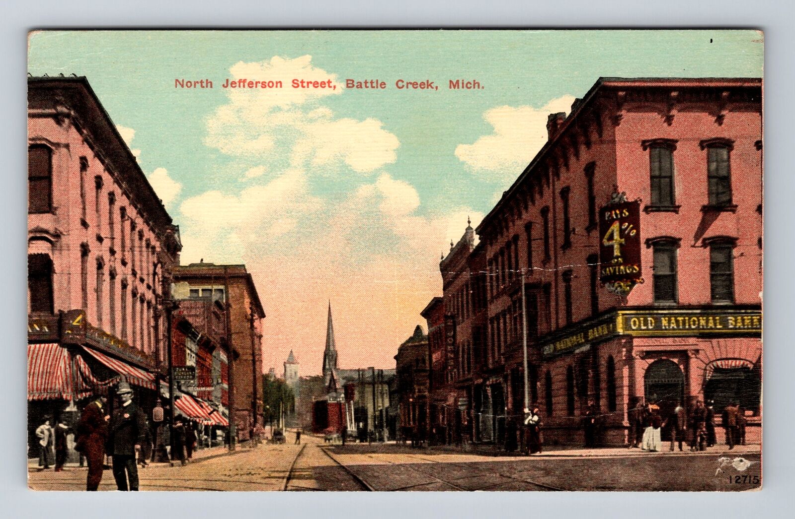 Battle Creek MI-Michigan, North Jefferson Street, National Bank Vintage Postcard