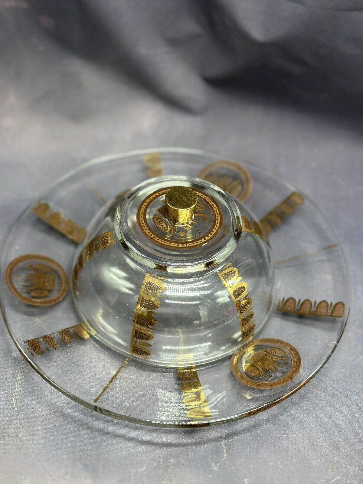 Vintage Georges Briard Gold Design Lidded Cheese Plate MCM Crowns