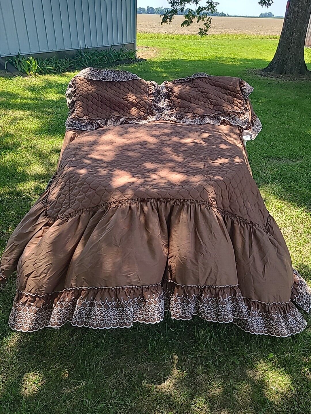 Vintage SEARS Quilted Bedspread & 2 Shams 1970s Brown Ruffled Eyelet Cottagecore