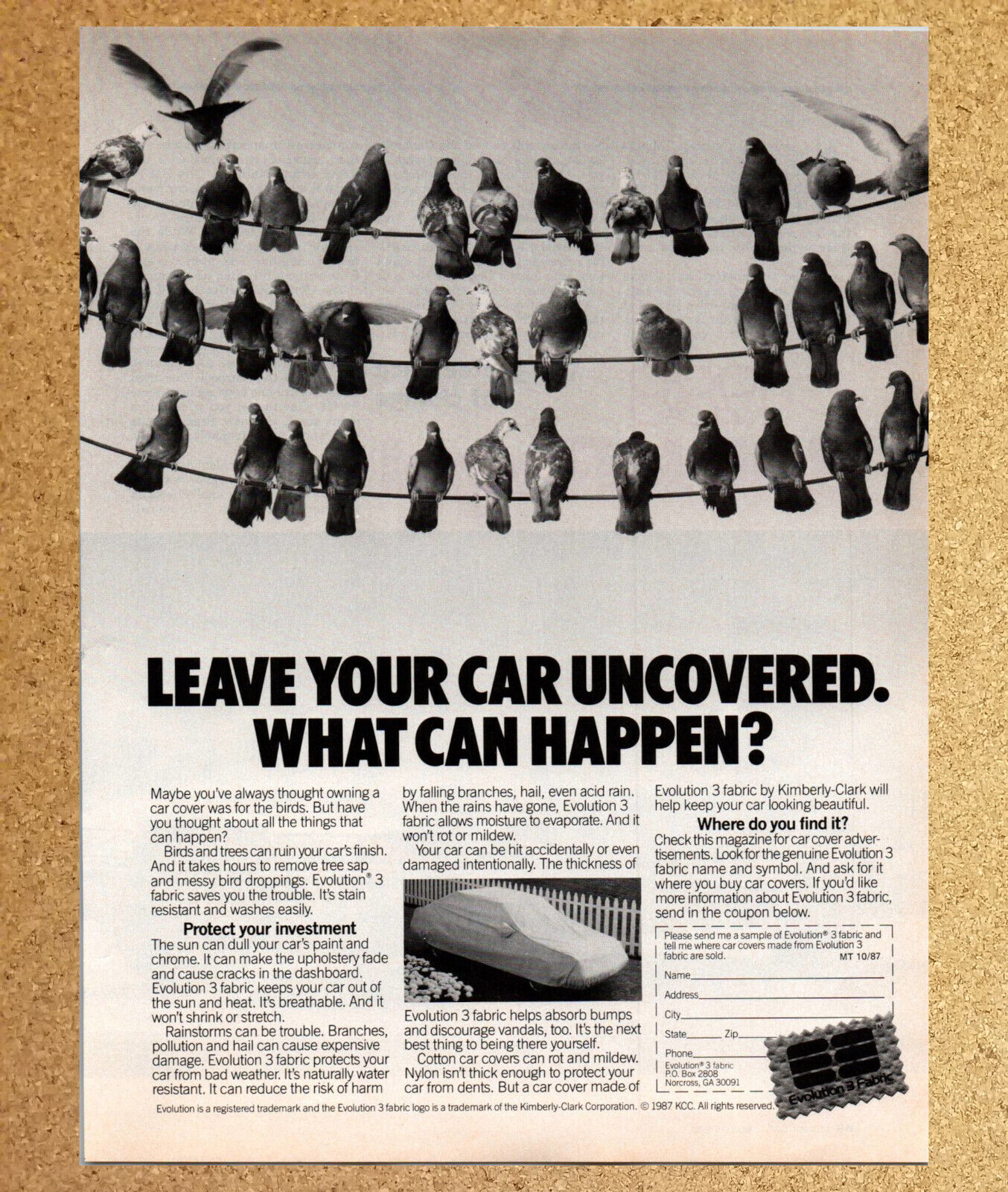 Evolution 3 Fabric Car Cover Bird Dropping - Vintage Print Ad Ephemera Art 1987
