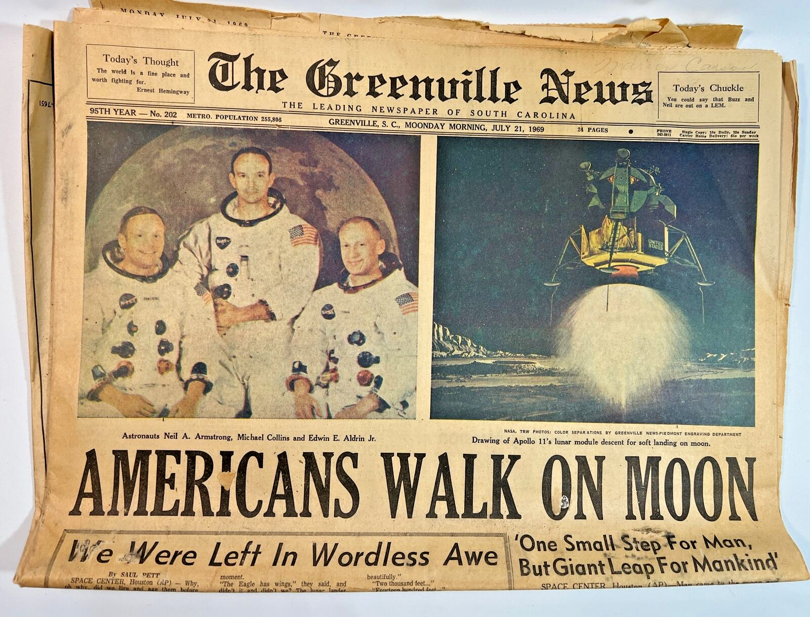 Vintage The Greenville News Newspaper Americans Walk On Moon & Ads July 21, 1969