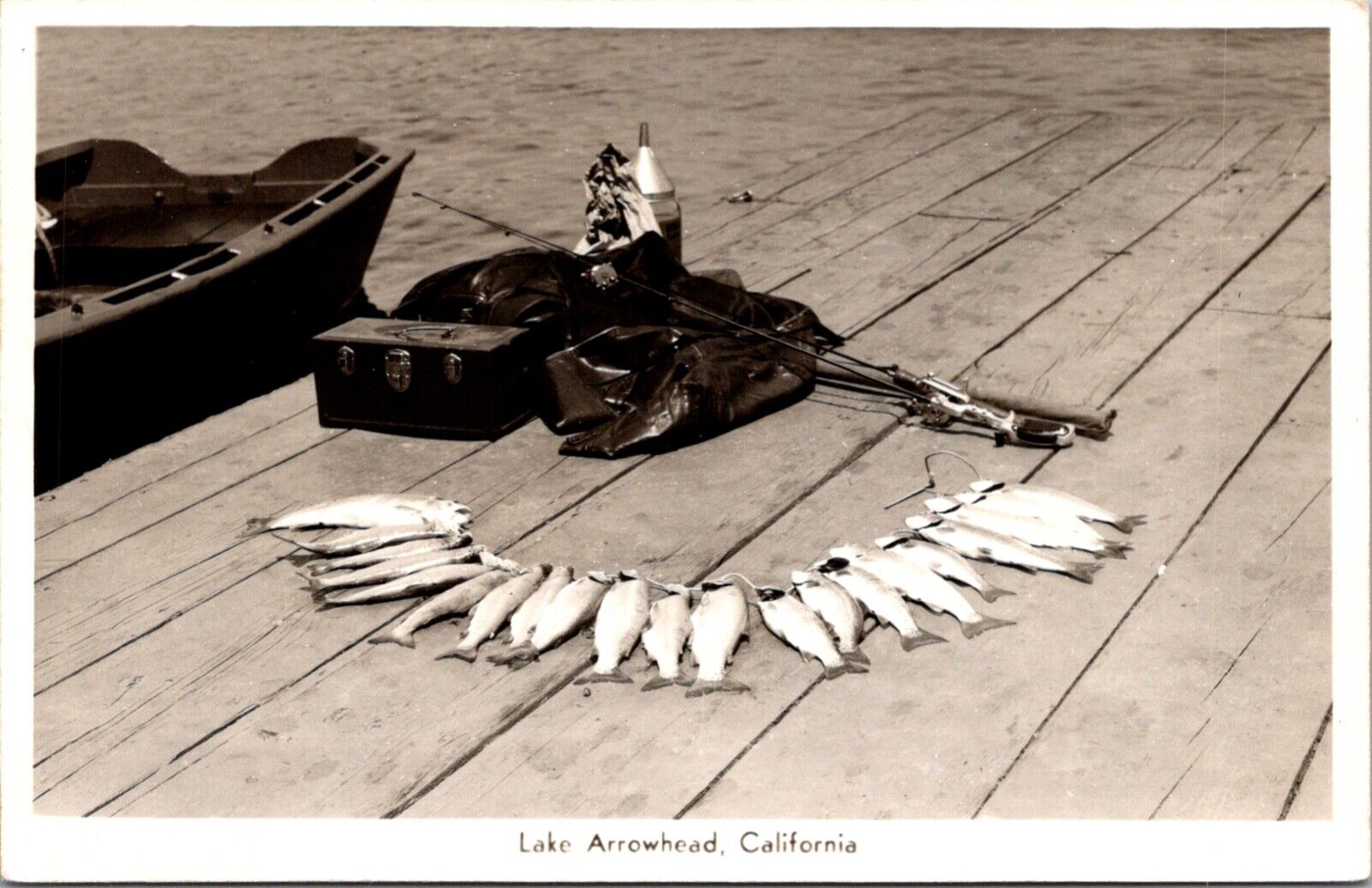Real Photo Postcard Fishing Catch and Gear in Lake Arrowhead, California