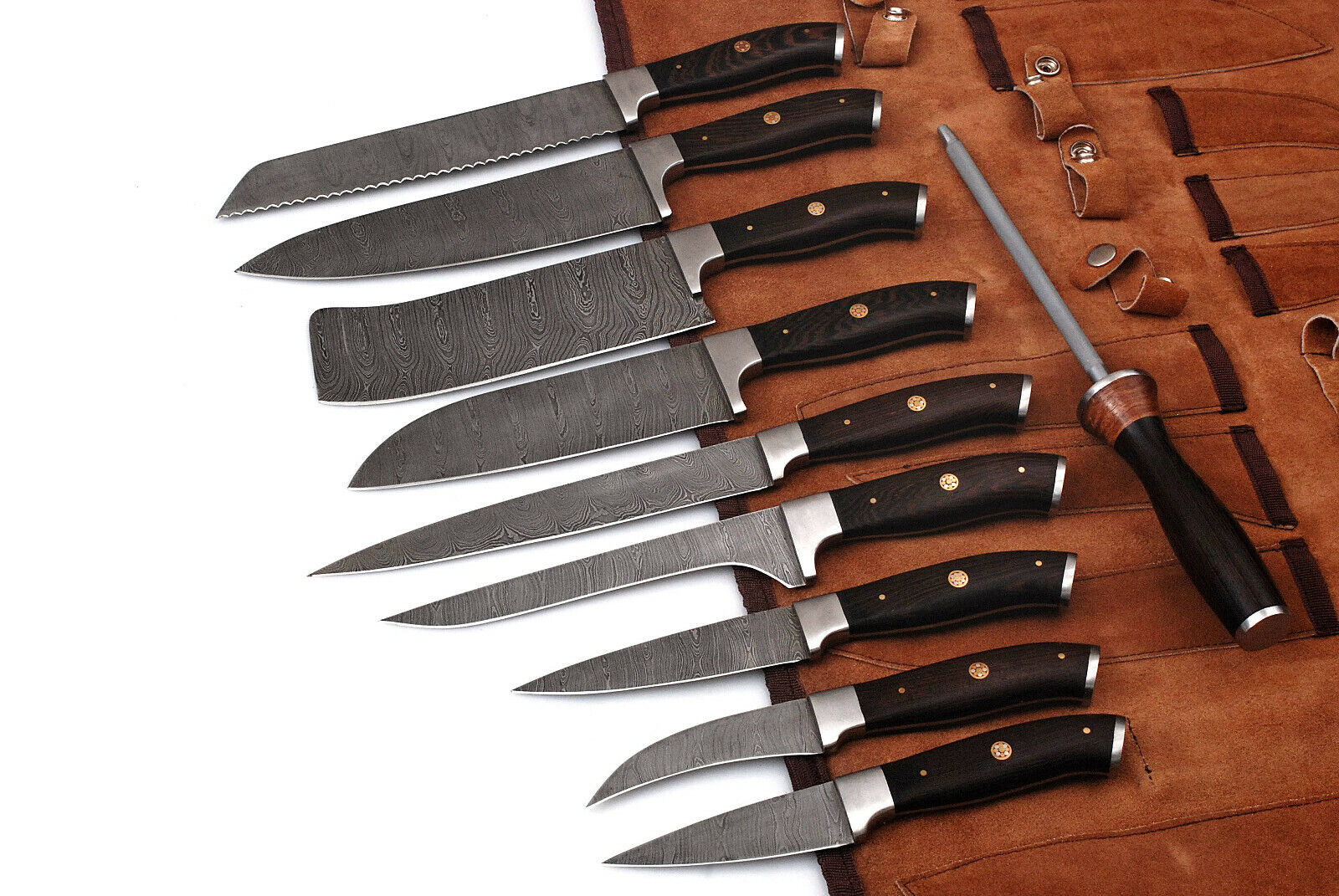 Handmade Damascus Kitchen Chef Knife Set Damascus Steel Knife 10 pcs Leather Bag
