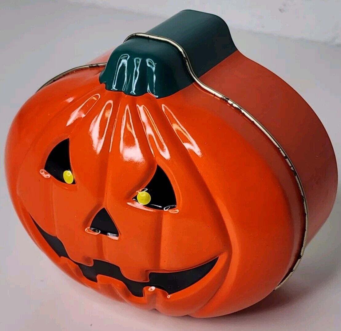 Vintage Halloween Jack O Lantern Pumpkin Tin Box Company Container
