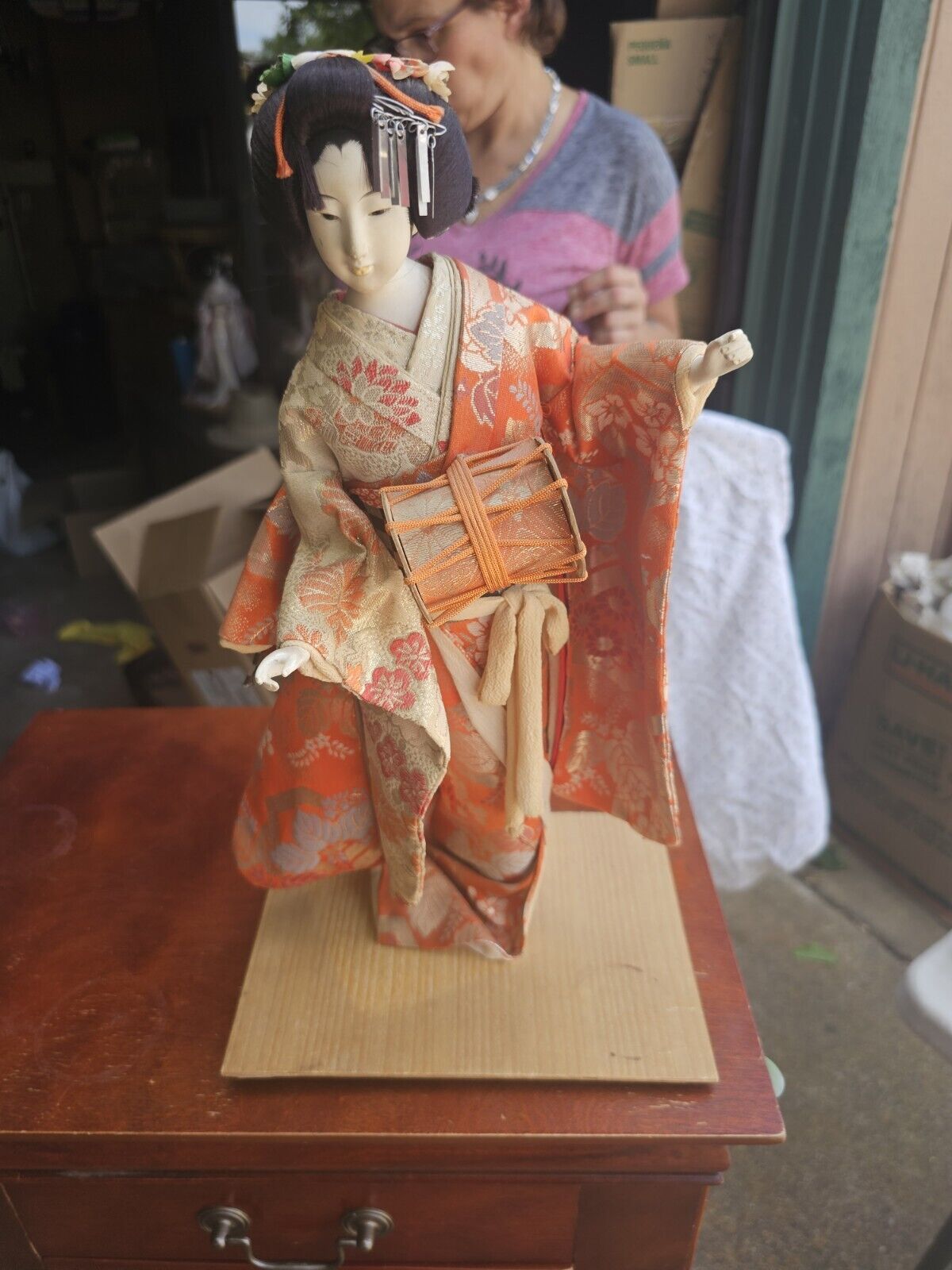 Vintage Japanese Nishi Geisha Doll Silk Kimono Embroidery on Stand