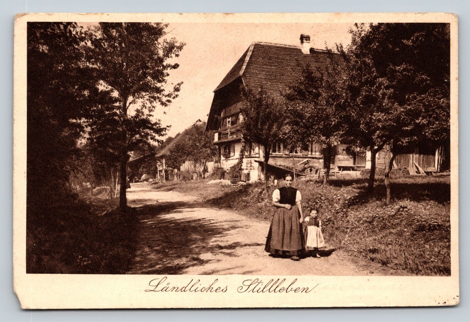 Rural Still Life of Lady Walking Holding Hand of Child Vintage Postcard 1002
