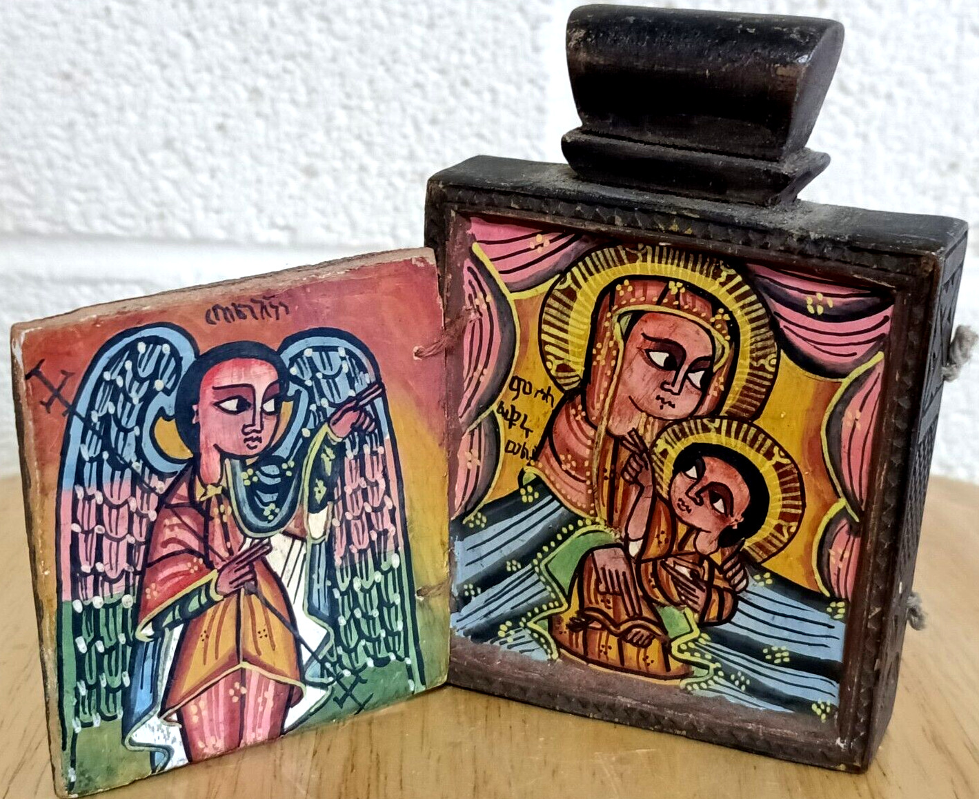 Ethiopian Coptic Christian Double-sided Hand Painted & Carved Religious Icon