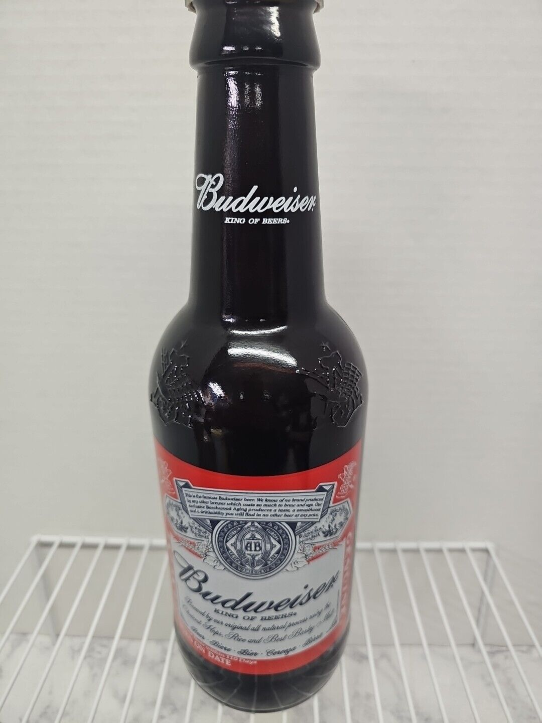 New Large Budweiser Beer Millenium Glass Beer Bottle Coin Bank 14.5” w Cap