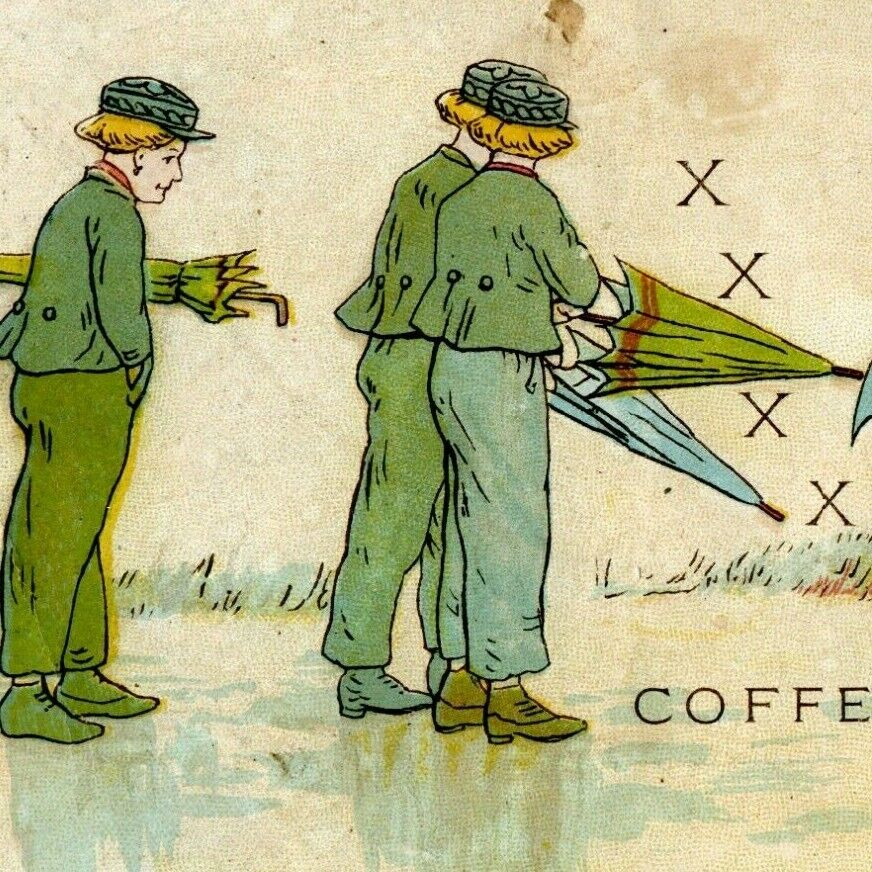 W.F. McLaughlin\'s Coffee Victorian Trade Card Men & Children Umbrellas Rain XXXX
