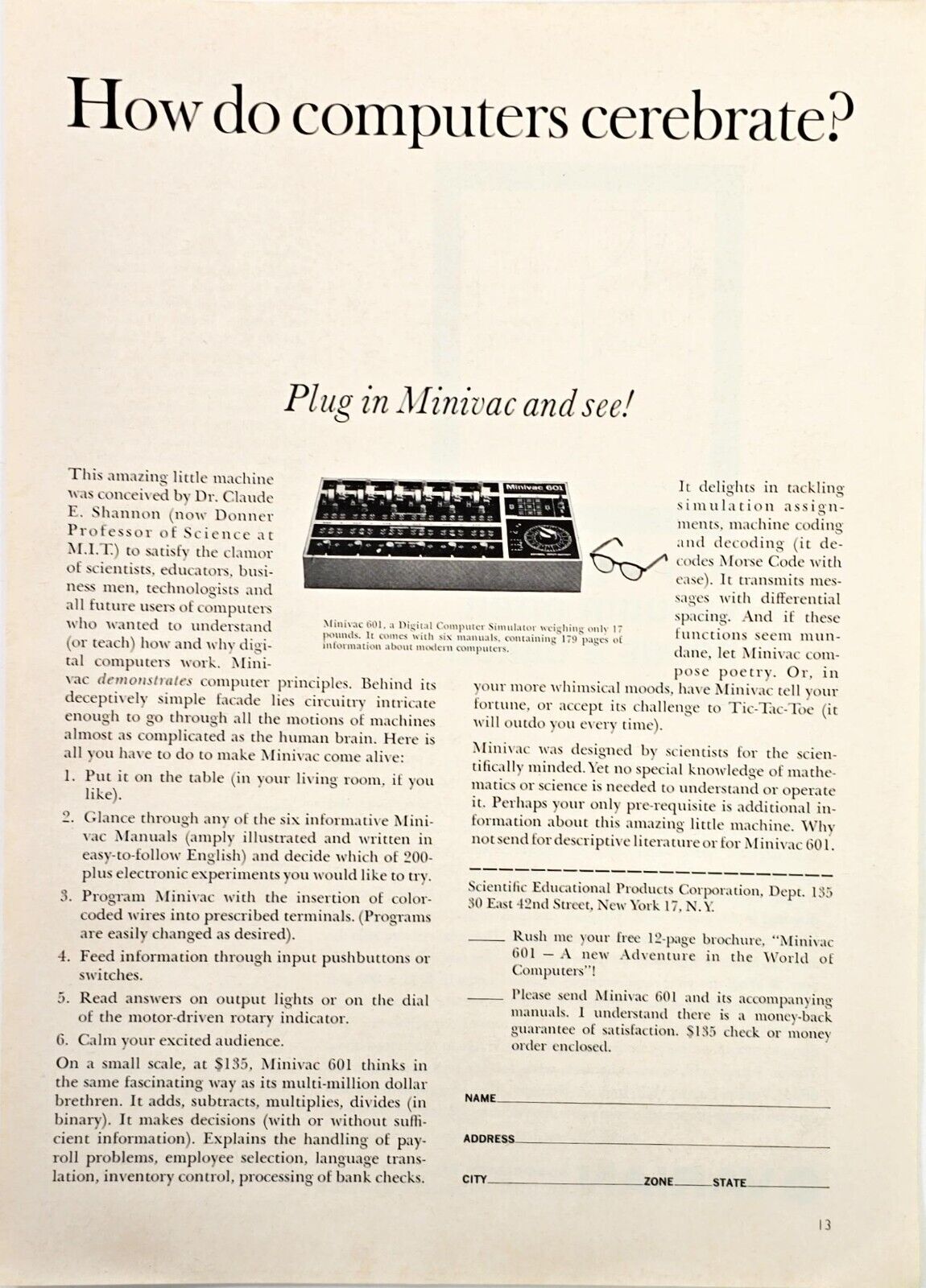 Minivac Digital Computer Simulator For Education Vintage 1963 Print Ad 8x11