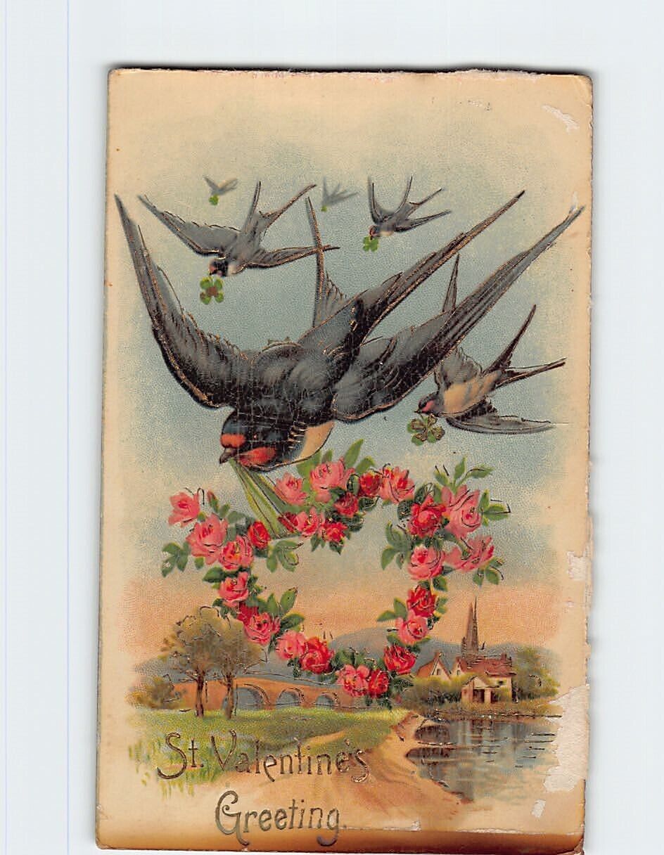 Postcard St. Valentines Greeting with Roses Birds Embossed Art Print