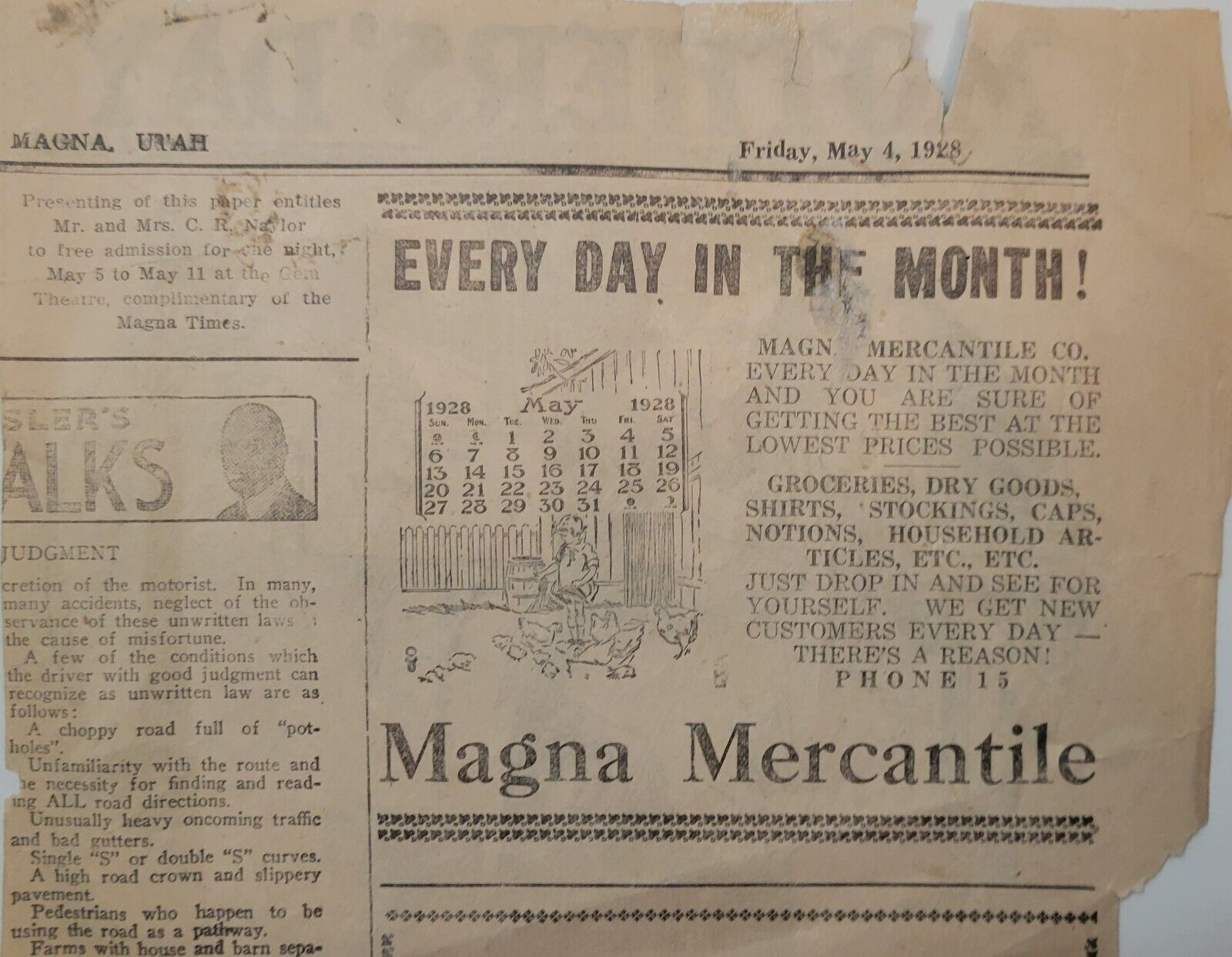 1928 Antique Newspaper Article Cut Out Magna Utah