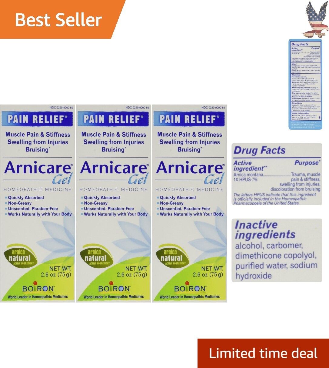 Arnica Gel - Unscented Natural 1X HPUS 7% - Relieves Pain - 2.6 Ounce Pack of 3