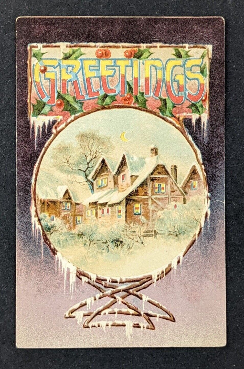 Postcard Vintage Christmas Greetings Hold to Light Houses Snow Moon Village 1907
