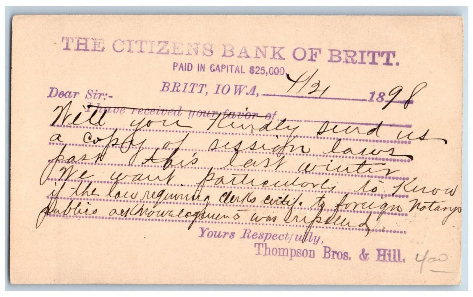 Dows Wright Co. Iowa IA Britt IA Postal Card Citizens Bank of Britt 1898