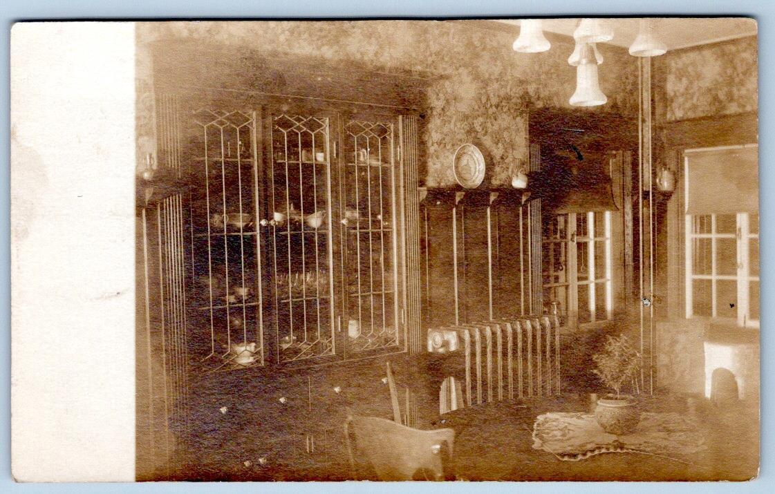 1910\'s RPPC DINING ROOM CHINA CABINET CAST IRON RADIATOR REAL PHOTO POSTCARD