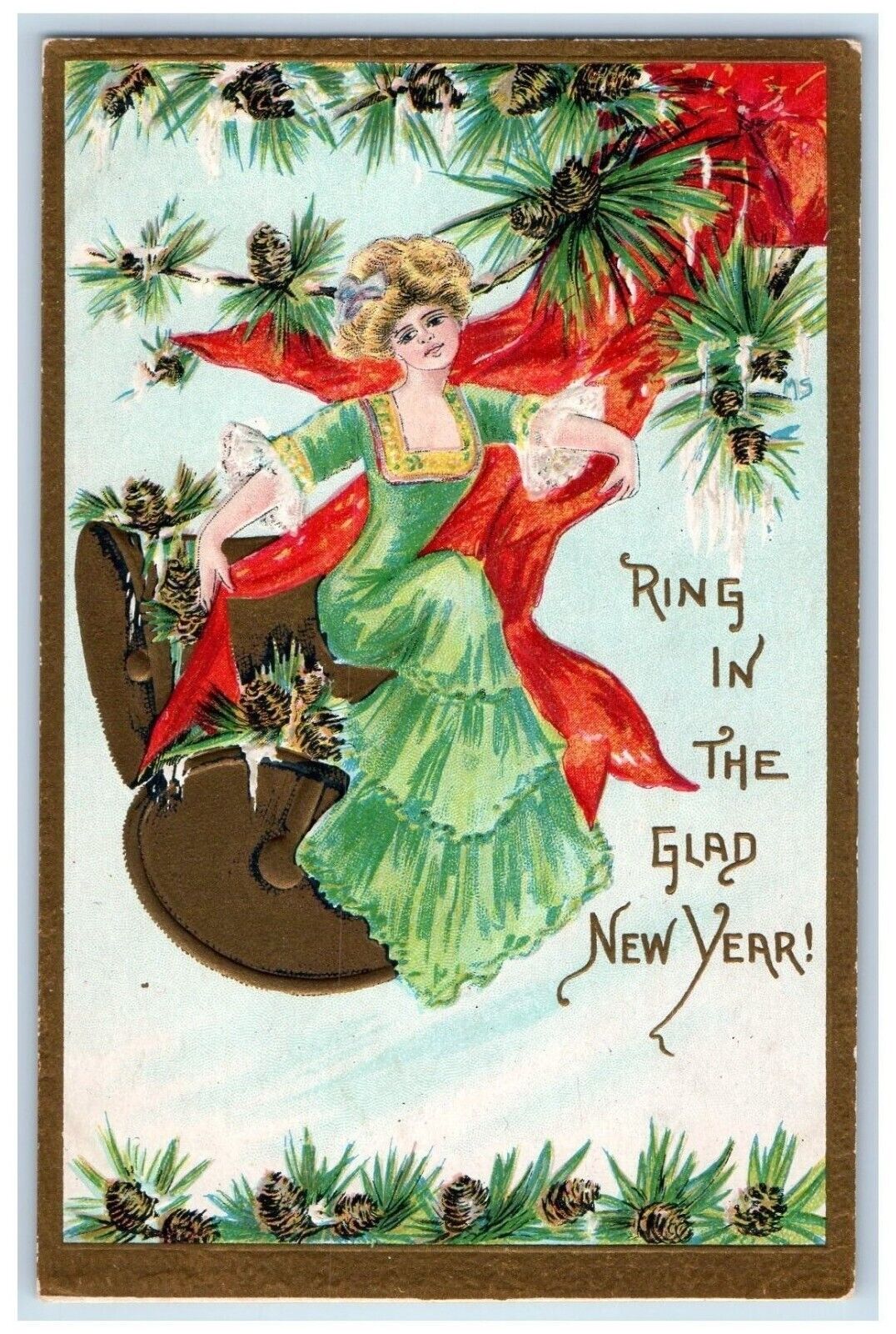 New Year Postcard Pretty Girl Sat On Bells Pinecone Embossed c1910\'s Antique