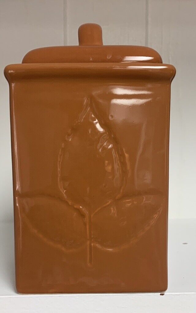 Vintage  Lillian Vernon Leaf Design Earth Tone Ceramic Canister With Lid