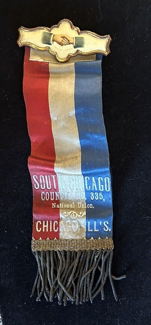 Antique 1892 Whitehead & Hoag Hand Shake S. Chicago National Union Pin & Ribbon