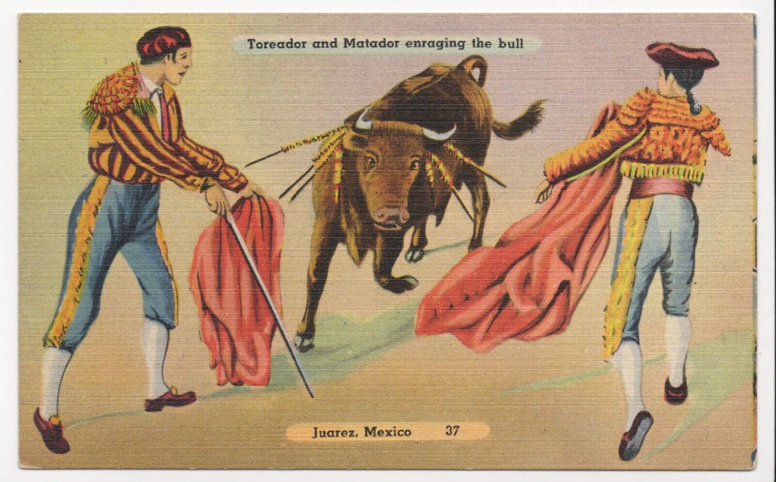 Bullfighting Enraging the Bull Juarez Mexico Linen Unposted Postcard