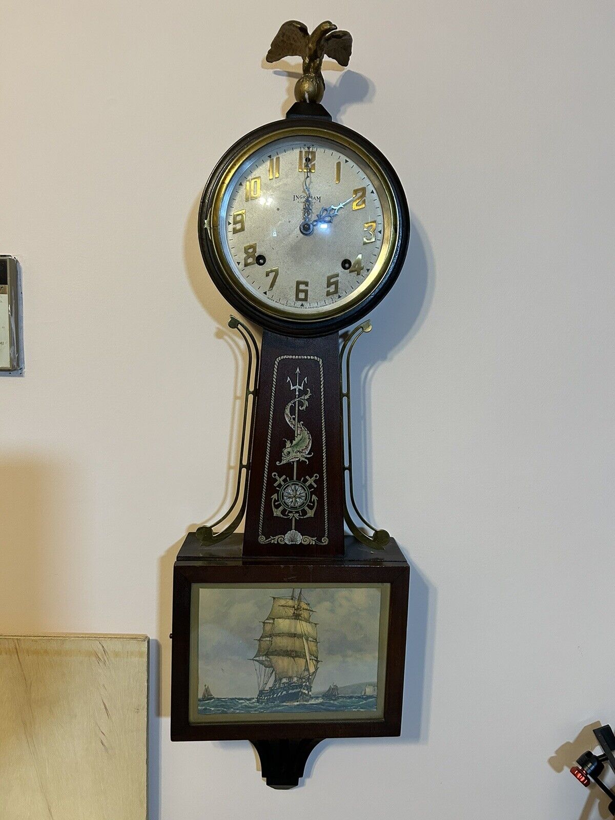 Clock Ingraham Banjo Yankee Clipper c. 1934 Excellent Wood Case Not Working