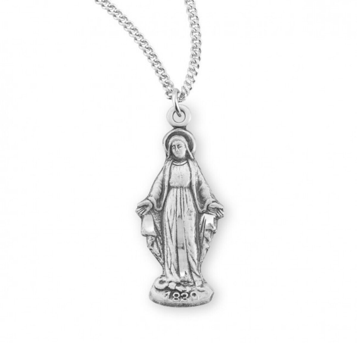 Sterling Silver Our Lady of Grace Shaped Two Sided Medal with Chain, 1 Inch N.G.