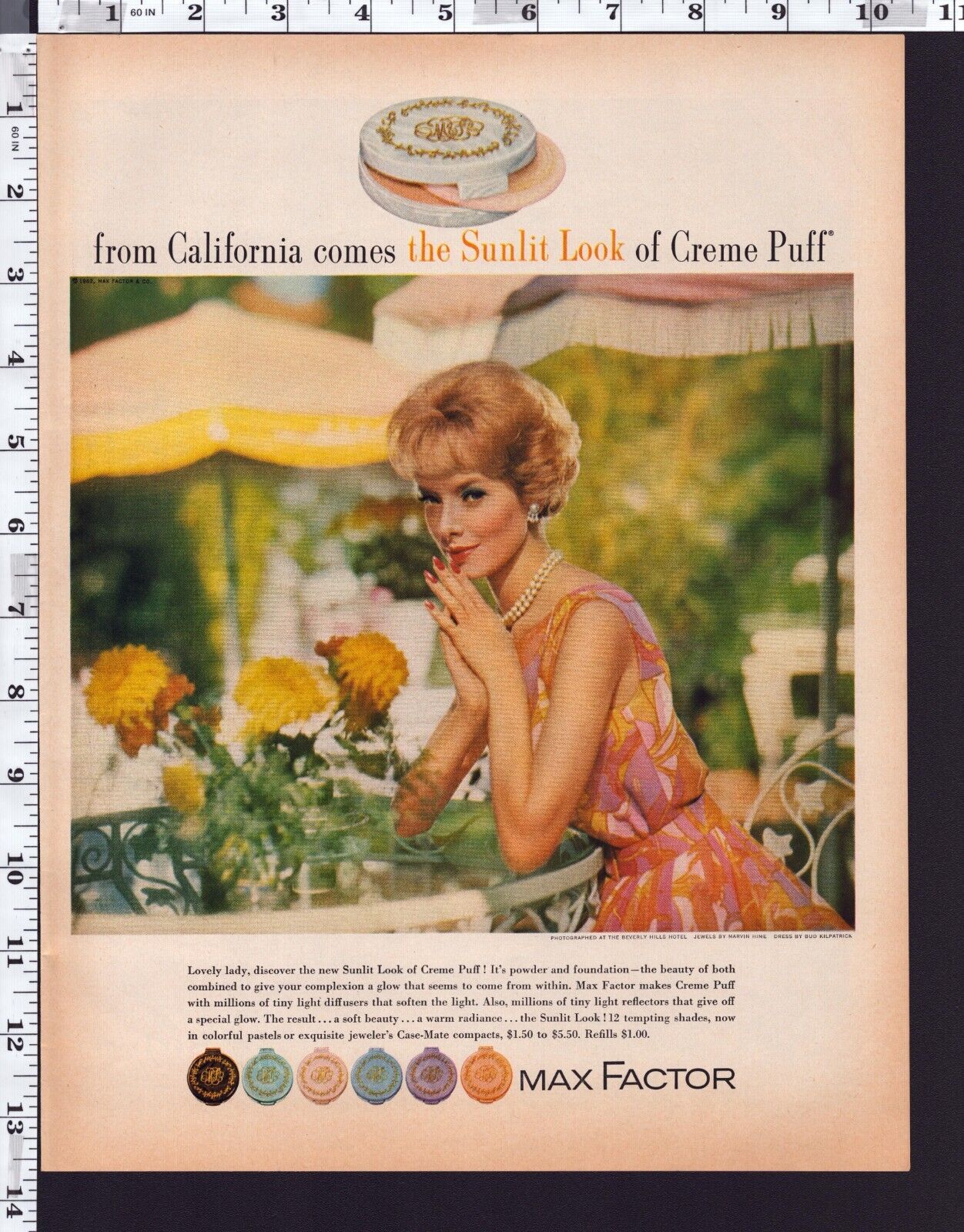 1962 Vintage Print Ad Max Factor Creme Puff Cosmetic Powder Makeup