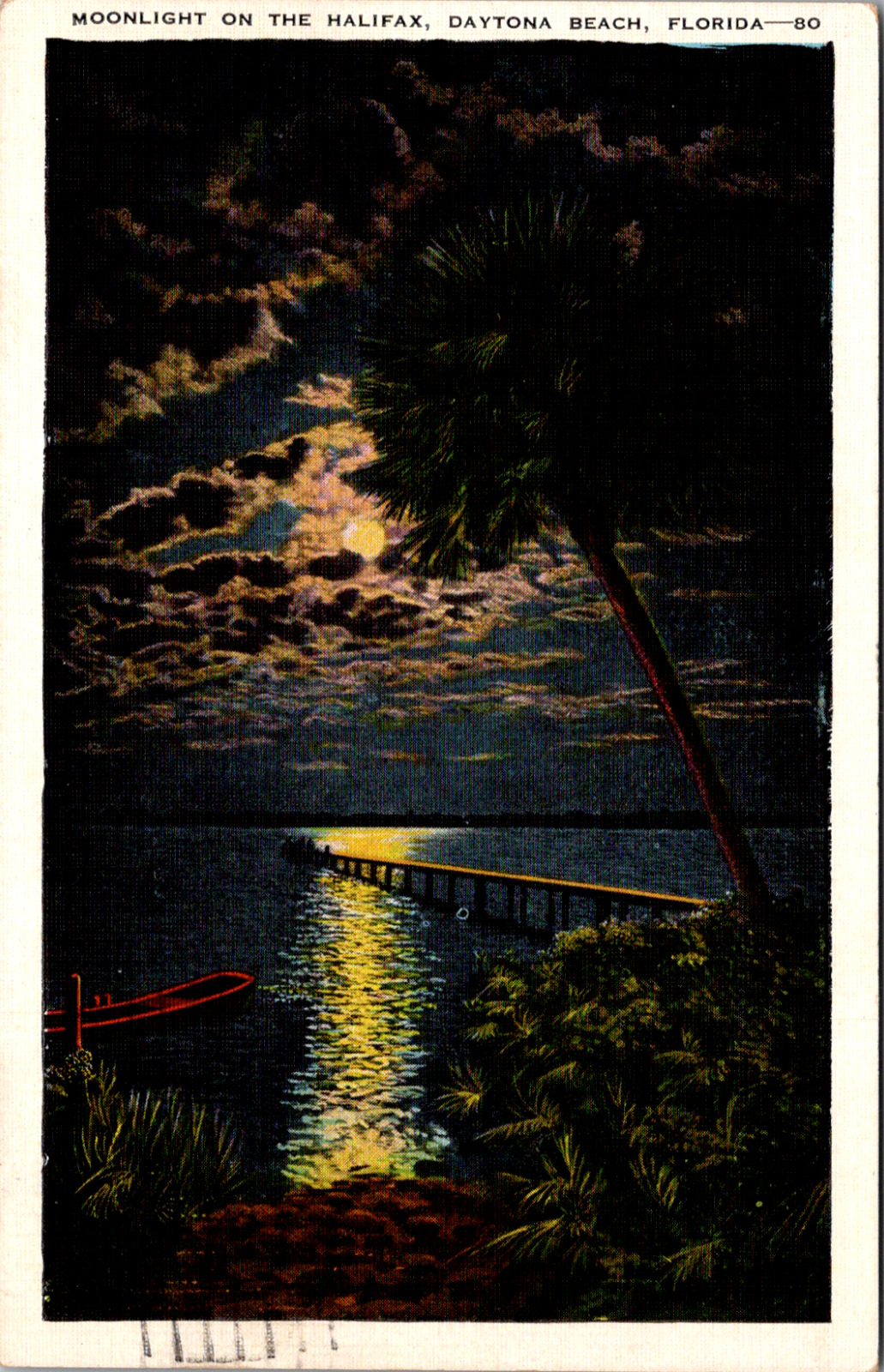Daytona Beach Florida Vintage Moonlight on the Halifax c. 1940\'s Postcard