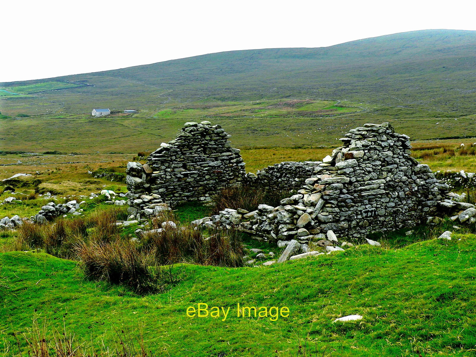 Photo 6x4 Achill Island - Deserted Village - Cottage Ruins &  a Habitable Cotta
