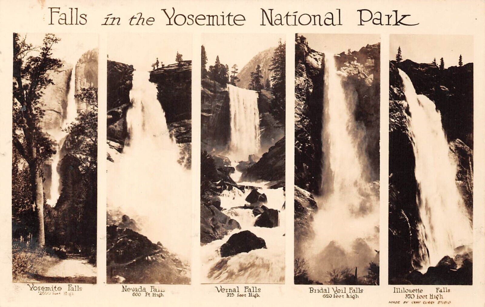 Falls in Yosemite National Park Multi-View Photo RPPC Postcard