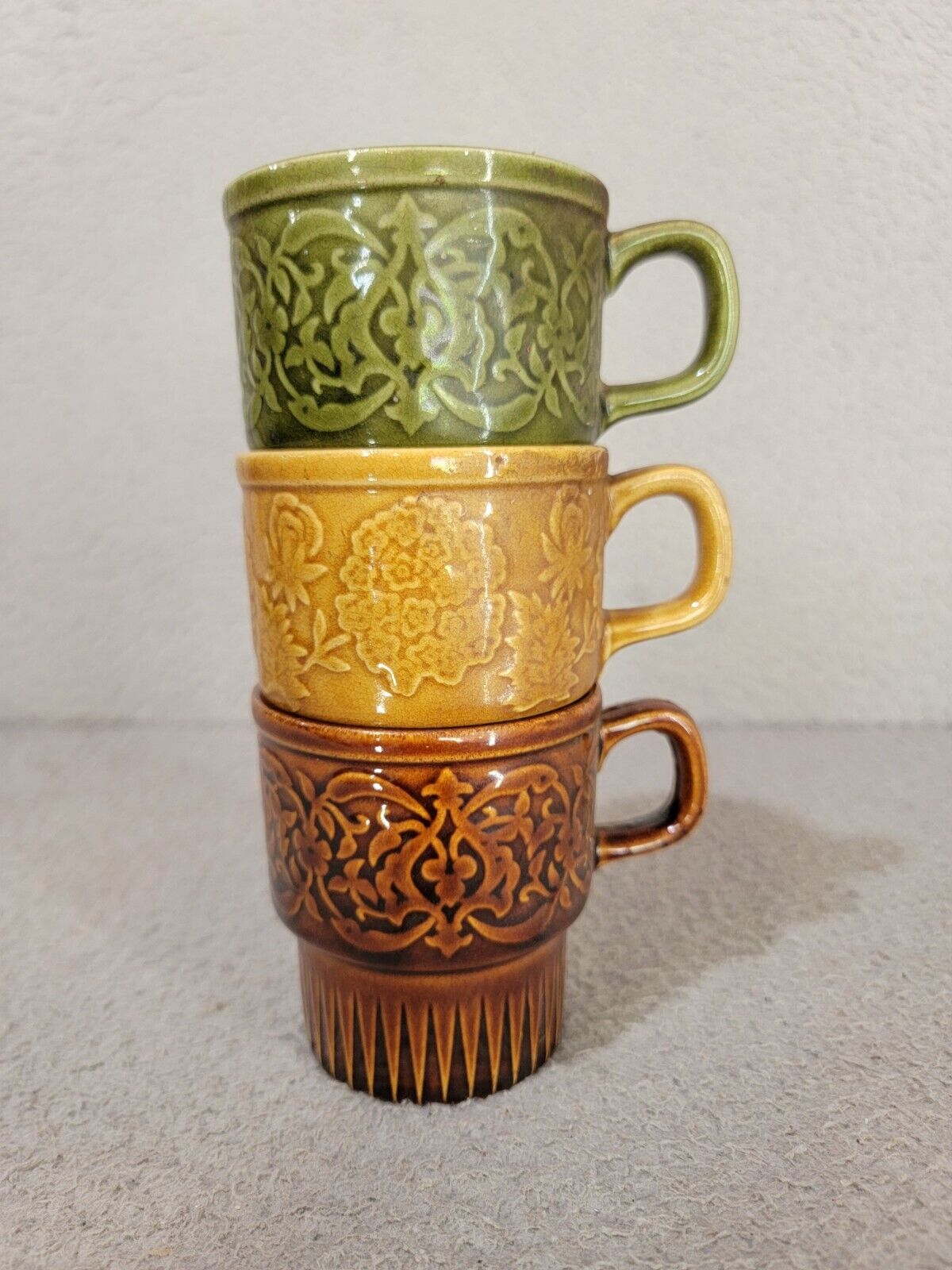 Vintage 1970s Mid Century Stackable Coffee Mug Cup Avocado Earth Tone Japan