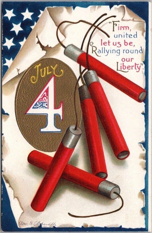 c1910s FOURTH OF JULY Postcard Artist-Signed CLAPSADDLE / Firecrackers / UNUSED