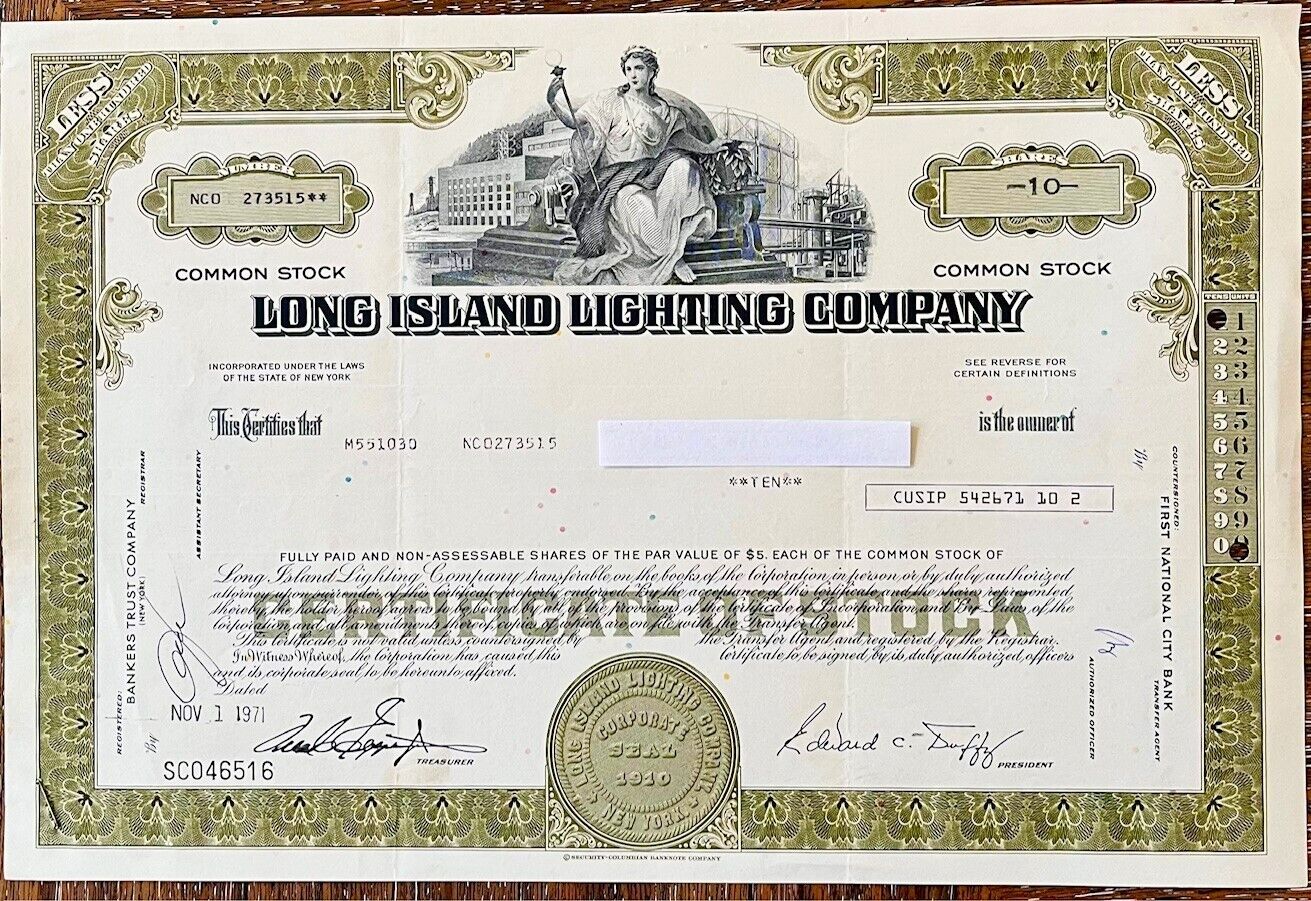 Long Island Lighting Company (LILCO)  1971 Vintage Stock Certificate  10 Shares