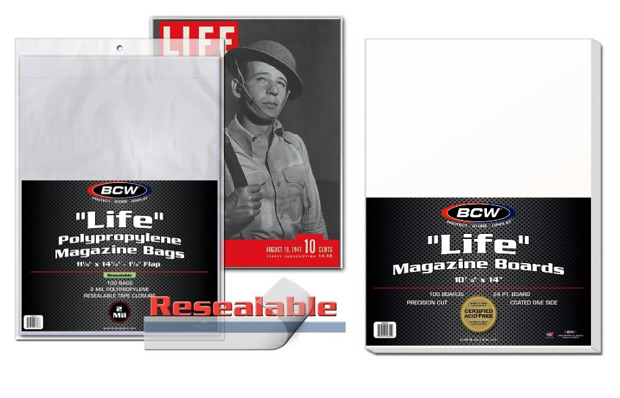 (10 Pack) BCW Life Magazine Bags (Resealable) and Life Magazine Boards