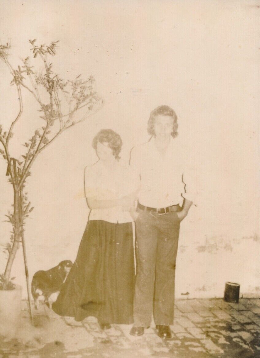 Vintage Sepia Candid Photograph Couple with Dog Nature Background 20th Cent #095