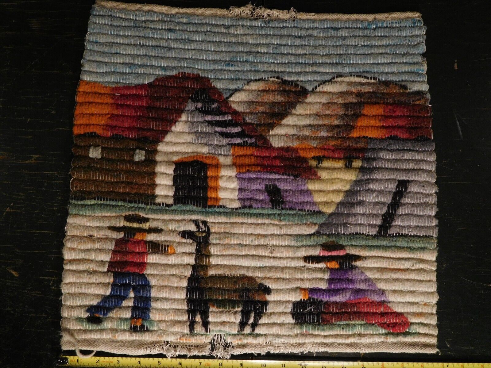 Vintage Scenic Colorful Mountains, Houses, People, Llama Andean Llama Wool Rug